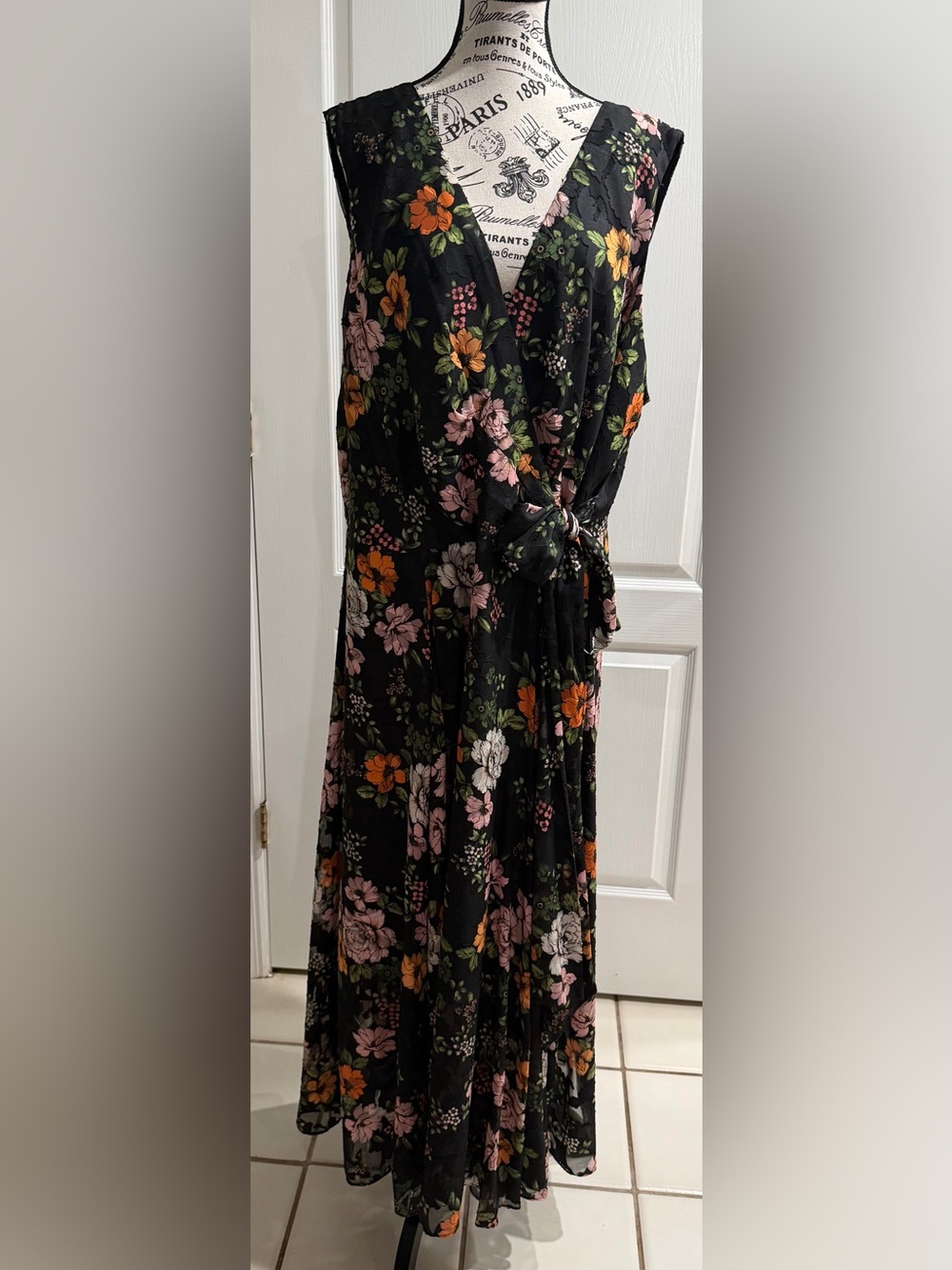 Alex Marie Black Floral Wrap Maxi Dress with Pink & Orange Blooms